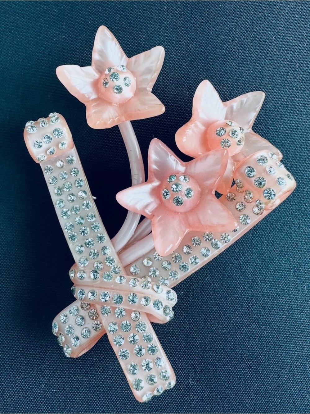 VTG 1940s Celluloid Flower Spray Brooch Rhinestone Bow Pastel Pink Sweetheart